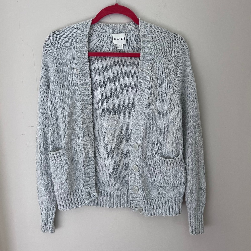 Reiss Cotton‎ Knit Cardigan Open Front Pockets Light Gray Small